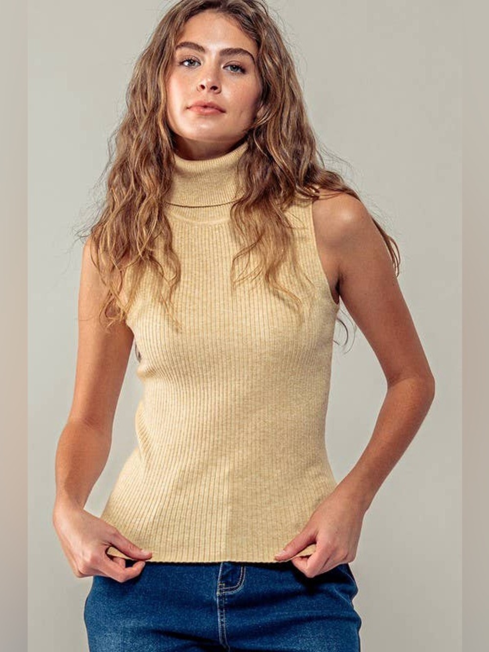 Sleeveless Turtleneck Ribbed Knit Sweater - Cream